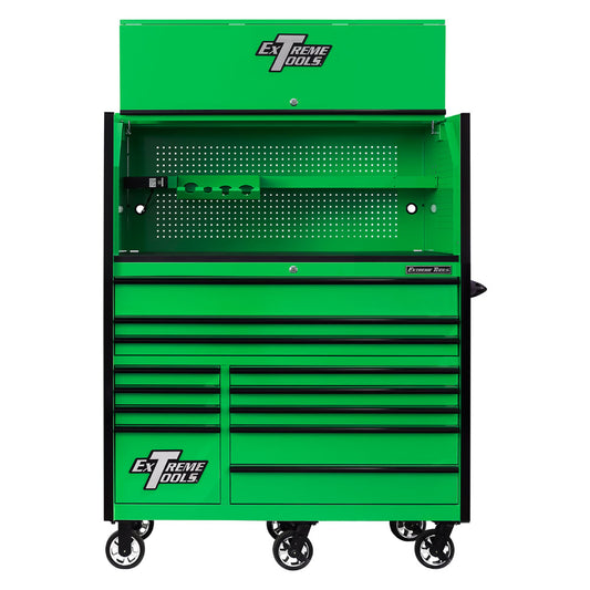 EXTREME TOOLS RX SERIES 55" 12-DRAWER ROLLER WITH HUTCH - GREEN W/BLACK DRAWER PULLS