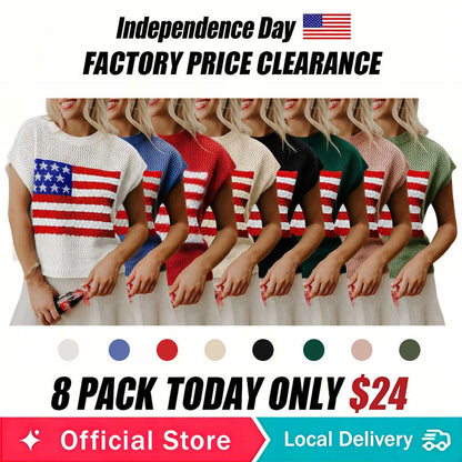 🔥4th of July Sale 🇺🇸 Women’s American Flag Graphic Knit Sweater Short Sleeve Casual Streetwear Top