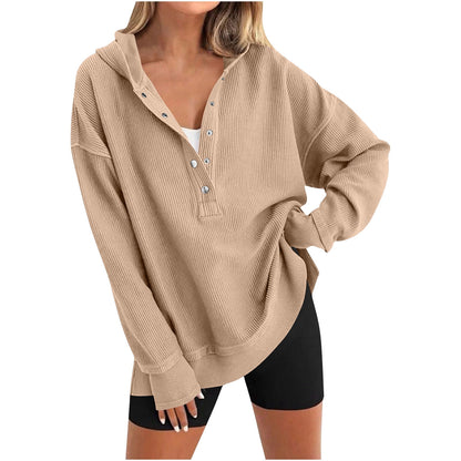 Womens Long Sleeve Tops Casual Ribbed Knit Half Button Hooded Pullover Sweatshirt Versatile Casual Wear