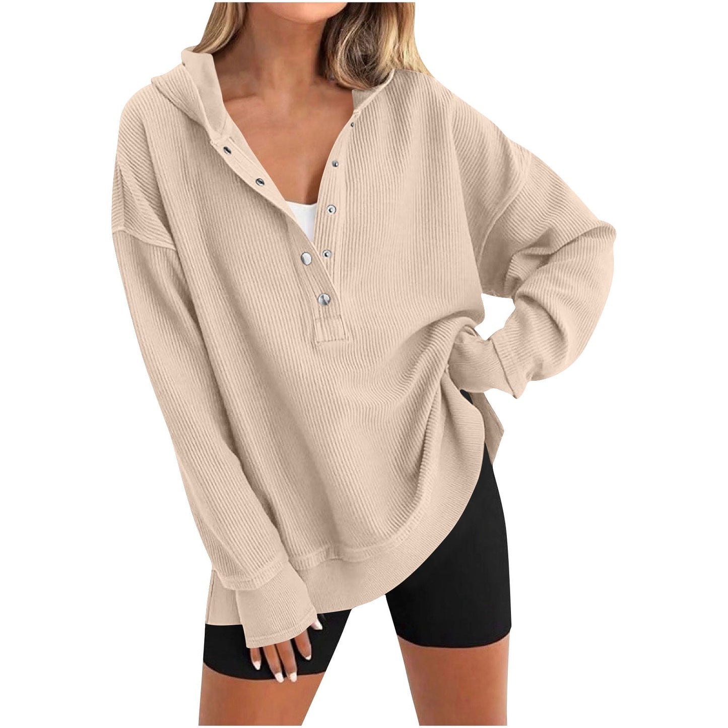 Womens Long Sleeve Tops Casual Ribbed Knit Half Button Hooded Pullover Sweatshirt Versatile Casual Wear
