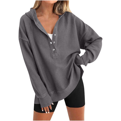 Womens Long Sleeve Tops Casual Ribbed Knit Half Button Hooded Pullover Sweatshirt Versatile Casual Wear