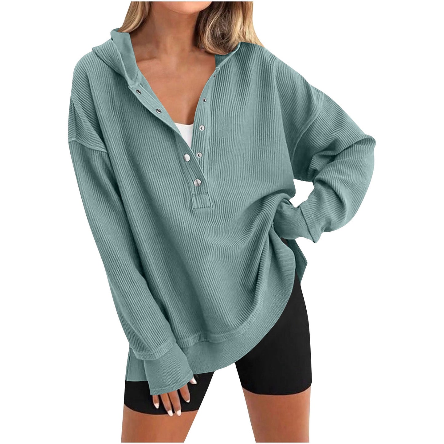 Womens Long Sleeve Tops Casual Ribbed Knit Half Button Hooded Pullover Sweatshirt Versatile Casual Wear