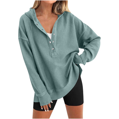 Womens Long Sleeve Tops Casual Ribbed Knit Half Button Hooded Pullover Sweatshirt Versatile Casual Wear