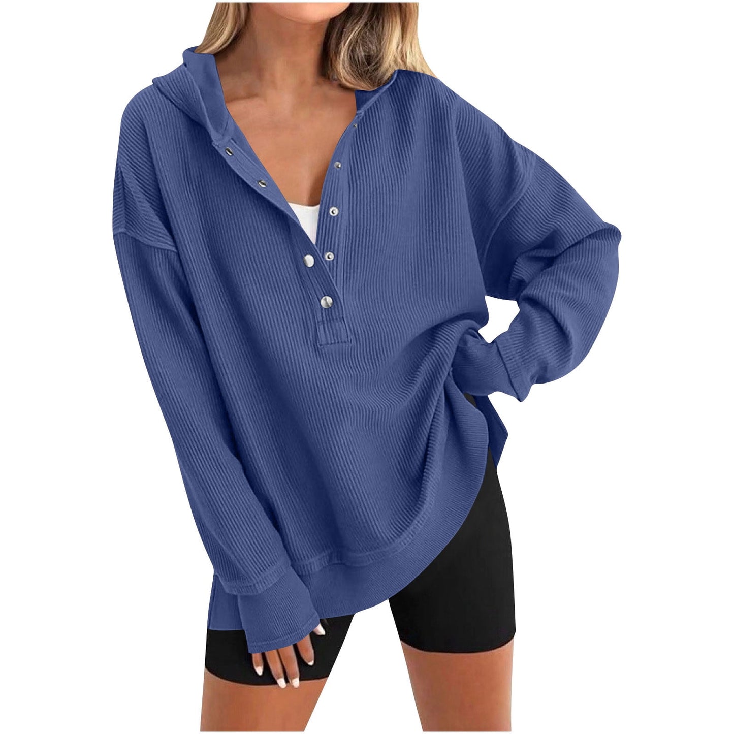 Womens Long Sleeve Tops Casual Ribbed Knit Half Button Hooded Pullover Sweatshirt Versatile Casual Wear