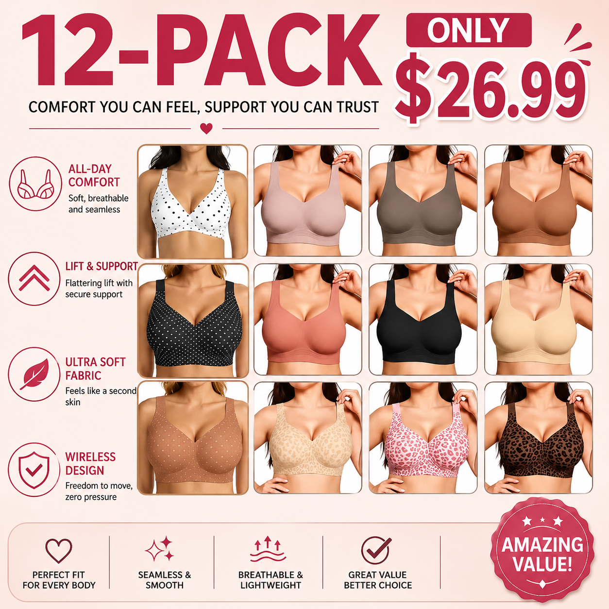Seamless Deep V Push-Up Wireless Bra