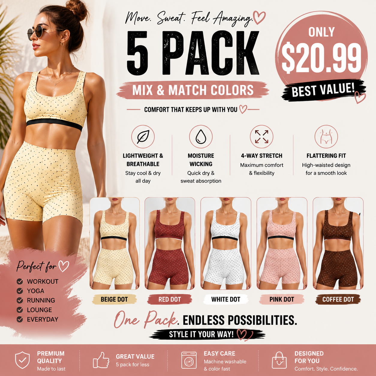 Milumia Women's Polka Dots Workout Set Layered Yoga Outfit with Shorts