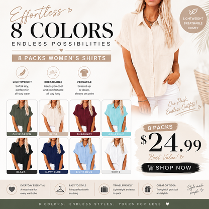 Womens Casual Cotton Linen Button Down Short Sleeve Shirts Solid Summer Beach Blouses Tops with Pocket