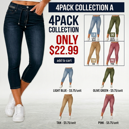 Wash Contrast Binding Double Button Drawstring Mid Waist High Stretch Fit Capri Jeans  Pant