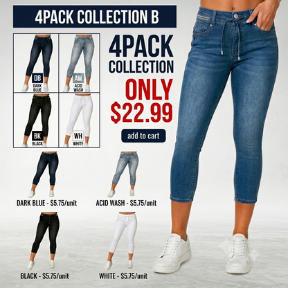 Wash Contrast Binding Double Button Drawstring Mid Waist High Stretch Fit Capri Jeans  Pant