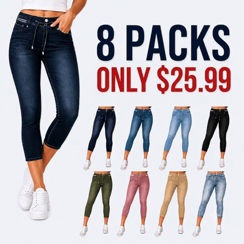Wash Contrast Binding Double Button Drawstring Mid Waist High Stretch Fit Capri Jeans  Pant