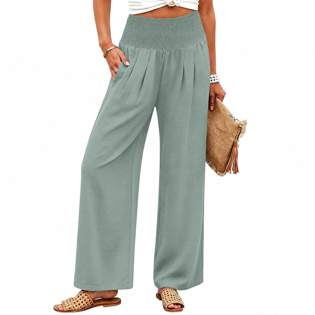 ✨Women’s Linen Wide Leg Palazzo Pants – High Waist Boho Beach Vacation Lounge Pants
