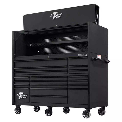 EXTREME TOOLS 72" RX SERIES 19-DRAWER 25" DEEP ROLLER CABINET W/HUTCH, 150 LB SLIDES - MATTE BLACK W/BLACK HANDLES