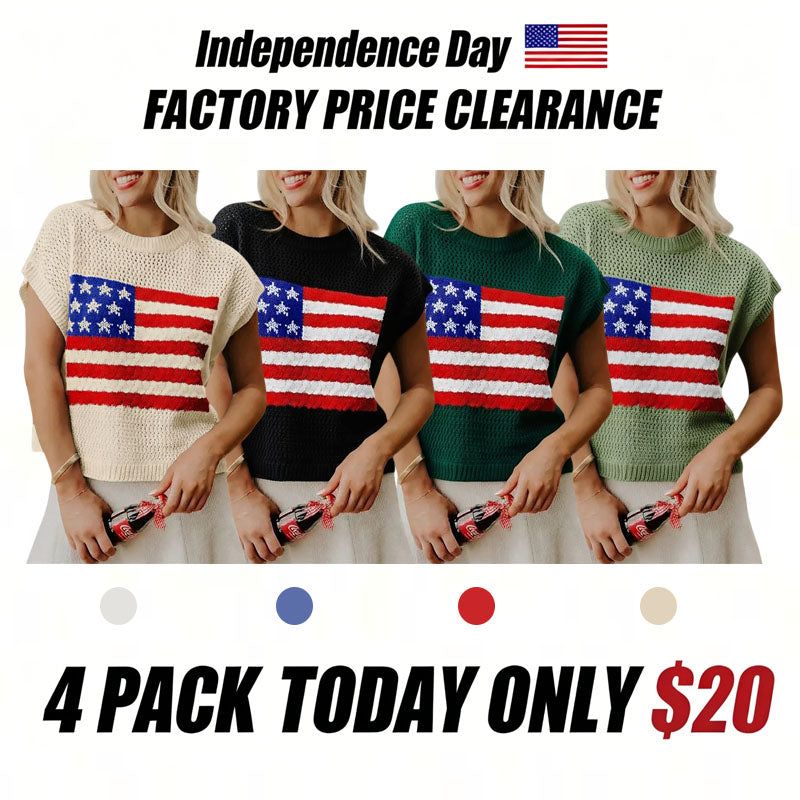 🔥4th of July Sale 🇺🇸 Women’s American Flag Graphic Knit Sweater Short Sleeve Casual Streetwear Top