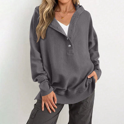 Womens Long Sleeve Tops Casual Ribbed Knit Half Button Hooded Pullover Sweatshirt Versatile Casual Wear