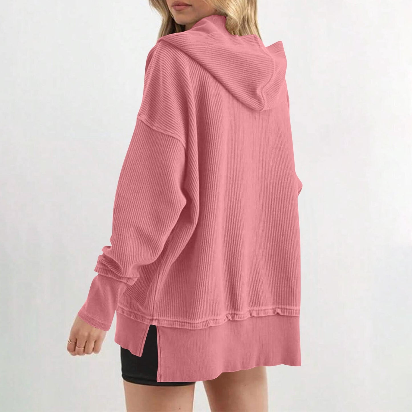 Womens Long Sleeve Tops Casual Ribbed Knit Half Button Hooded Pullover Sweatshirt Versatile Casual Wear