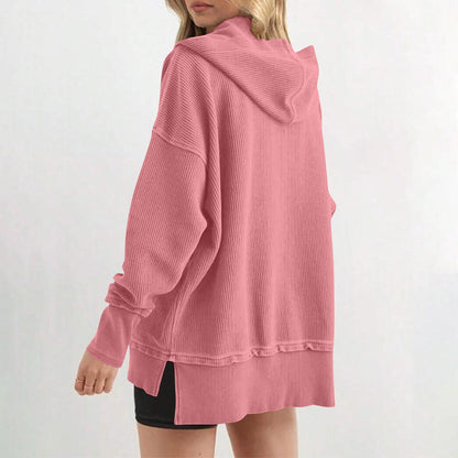 Womens Long Sleeve Tops Casual Ribbed Knit Half Button Hooded Pullover Sweatshirt Versatile Casual Wear