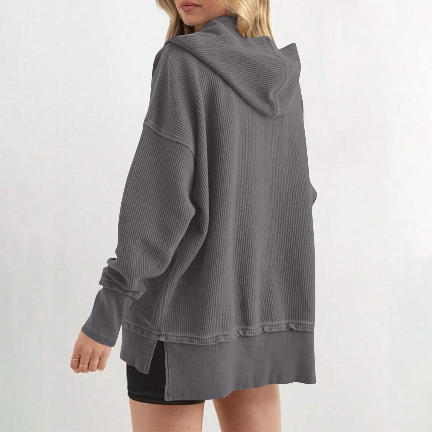 Womens Long Sleeve Tops Casual Ribbed Knit Half Button Hooded Pullover Sweatshirt Versatile Casual Wear