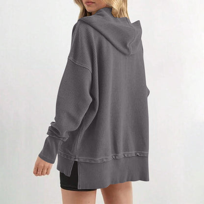 Womens Long Sleeve Tops Casual Ribbed Knit Half Button Hooded Pullover Sweatshirt Versatile Casual Wear