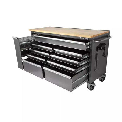 Husky 72 in. x 24 in. D Standard Duty 18-Drawer Mobile Workbench Tool Chest with Solid Wood Top in Stainless Steel