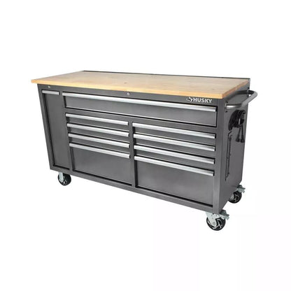Husky 72 in. x 24 in. D Standard Duty 18-Drawer Mobile Workbench Tool Chest with Solid Wood Top in Stainless Steel