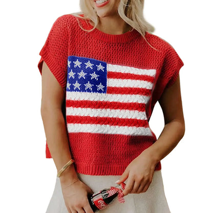 🔥4th of July Sale 🇺🇸 Women’s American Flag Graphic Knit Sweater Short Sleeve Casual Streetwear Top