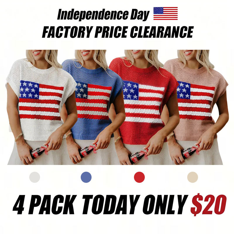 🔥4th of July Sale 🇺🇸 Women’s American Flag Graphic Knit Sweater Short Sleeve Casual Streetwear Top