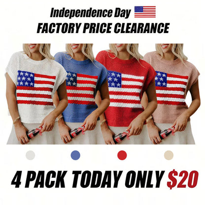🔥4th of July Sale 🇺🇸 Women’s American Flag Graphic Knit Sweater Short Sleeve Casual Streetwear Top