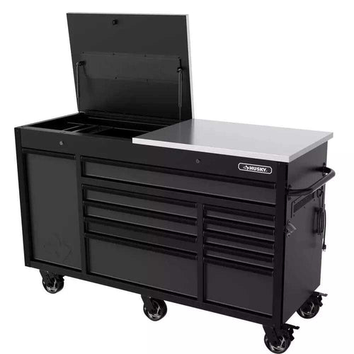 Husky 63 in. W x 23 in. D Heavy Duty 11-Drawer Mobile Workbench Cabinet with Flip-Top Stainless Steel Top in Matte Black