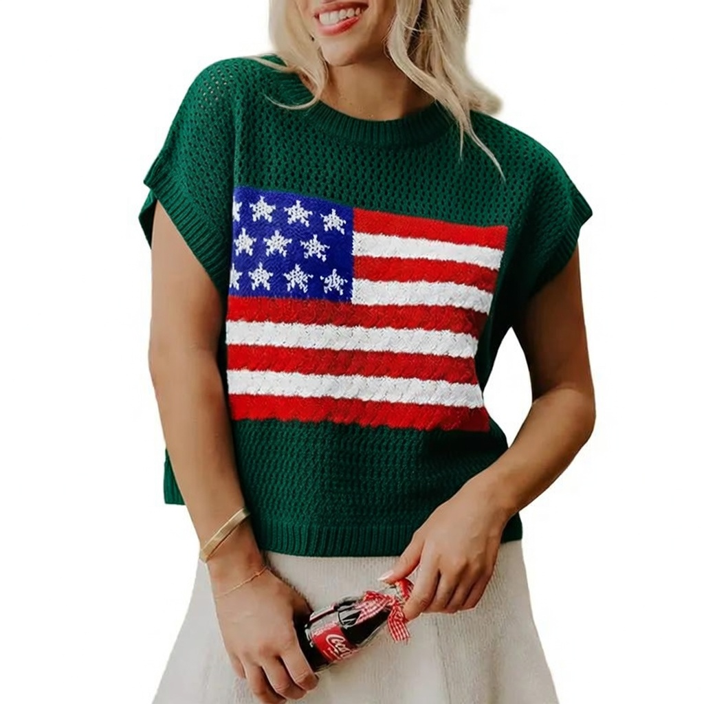 🔥4th of July Sale 🇺🇸 Women’s American Flag Graphic Knit Sweater Short Sleeve Casual Streetwear Top