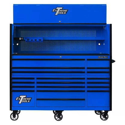 EXTREME TOOLS RX SERIES 55" 12-DRAWER ROLLER WITH HUTCH - BLUE W/BLACK DRAWER PULLS