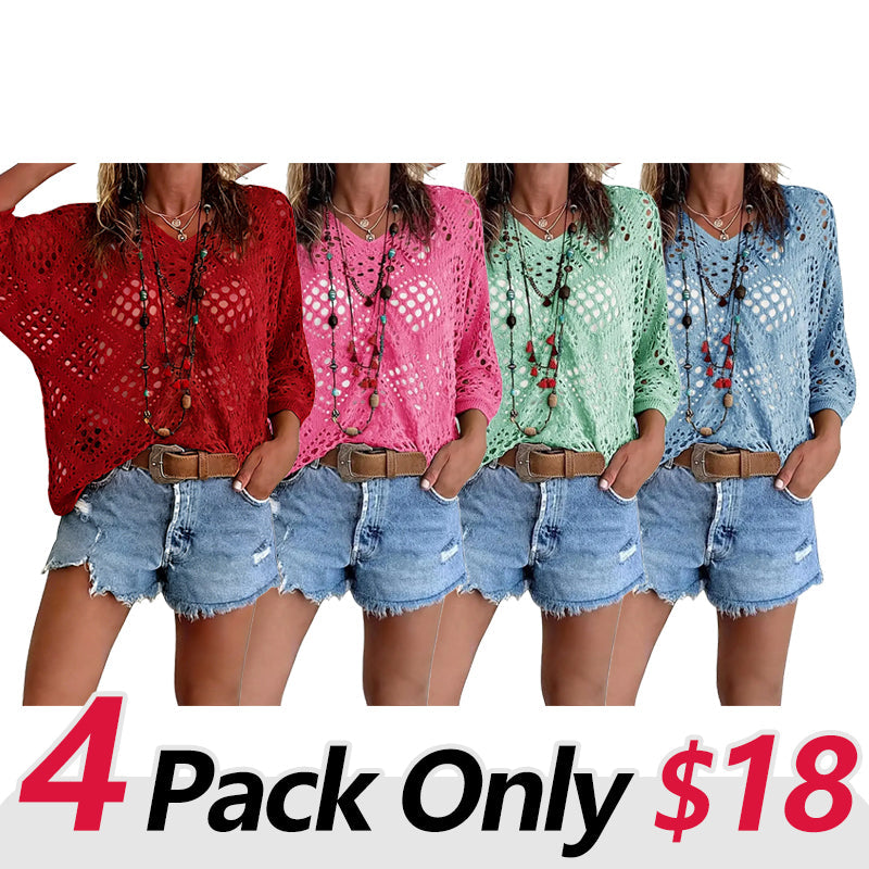 Women's Bohemian Crochet V-Neck Top - Lightweight Summer Cover-Up