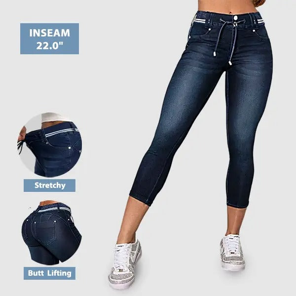 Wash Contrast Binding Double Button Drawstring Mid Waist High Stretch Fit Capri Jeans  Pant