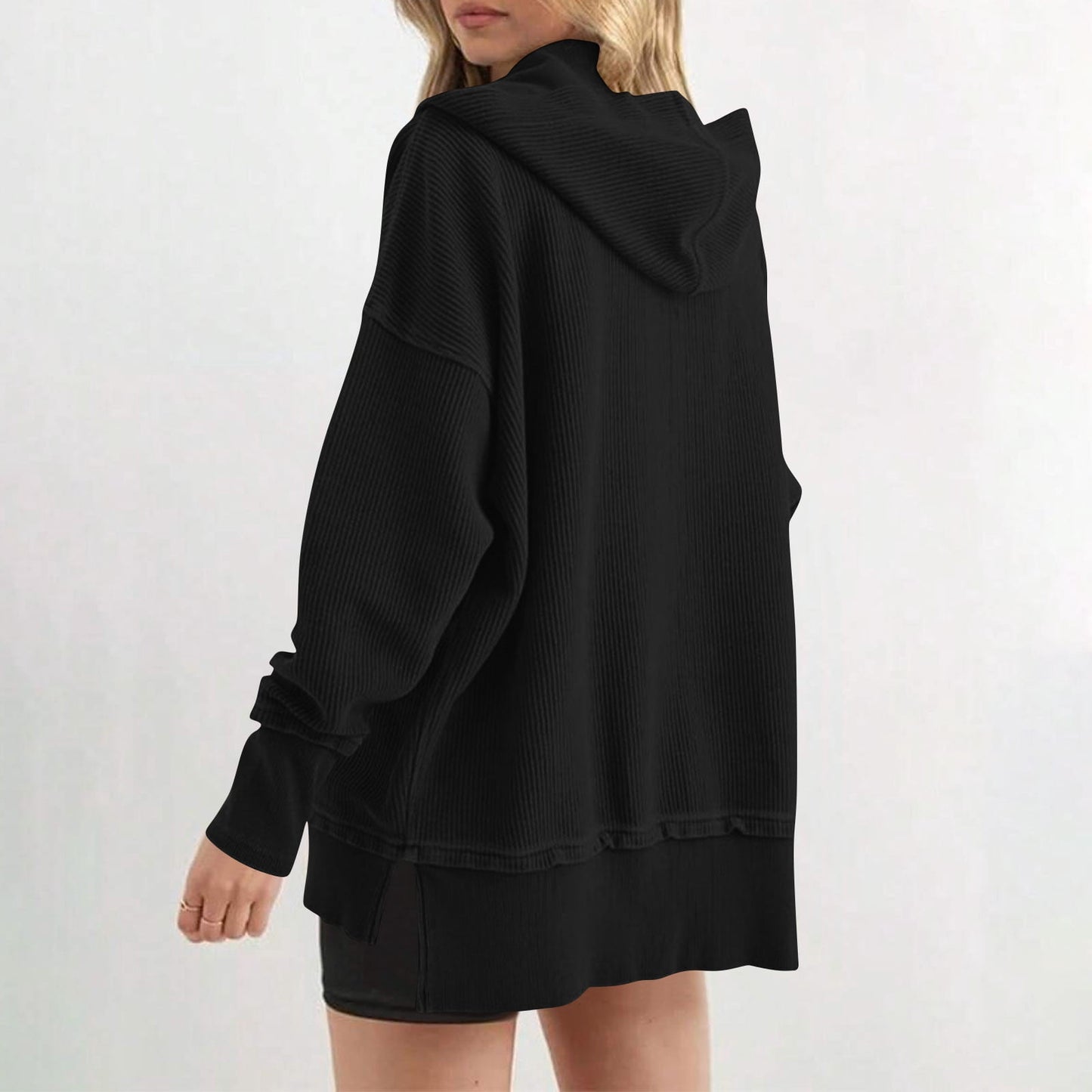 Womens Long Sleeve Tops Casual Ribbed Knit Half Button Hooded Pullover Sweatshirt Versatile Casual Wear