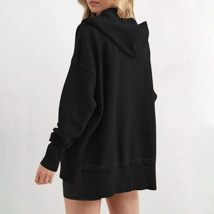 Womens Long Sleeve Tops Casual Ribbed Knit Half Button Hooded Pullover Sweatshirt Versatile Casual Wear