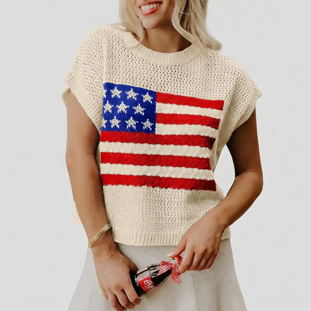 🔥4th of July Sale 🇺🇸 Women’s American Flag Graphic Knit Sweater Short Sleeve Casual Streetwear Top
