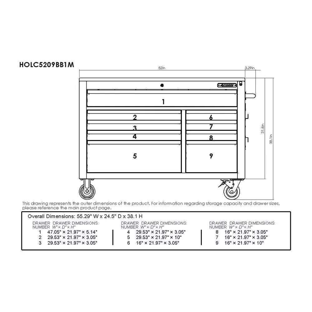 HEAVY-DUTY 52 IN. 9-DRAWER MOBILE WORKBENCH WITH ADJUSTABLE-HEIGHT SOLID WOOD TOP IN MATTE BLUE