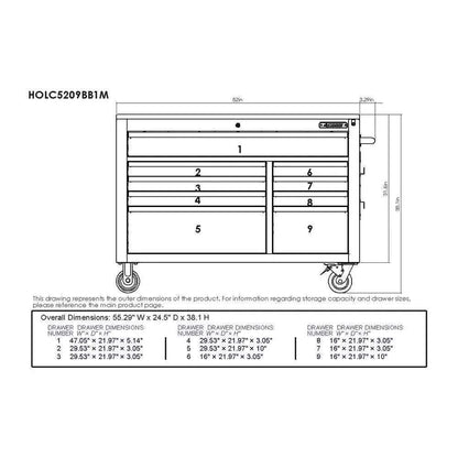 HEAVY-DUTY 52 IN. 9-DRAWER MOBILE WORKBENCH WITH ADJUSTABLE-HEIGHT SOLID WOOD TOP IN MATTE BLUE