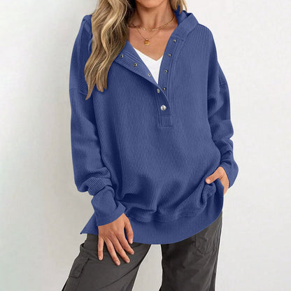 Womens Long Sleeve Tops Casual Ribbed Knit Half Button Hooded Pullover Sweatshirt Versatile Casual Wear