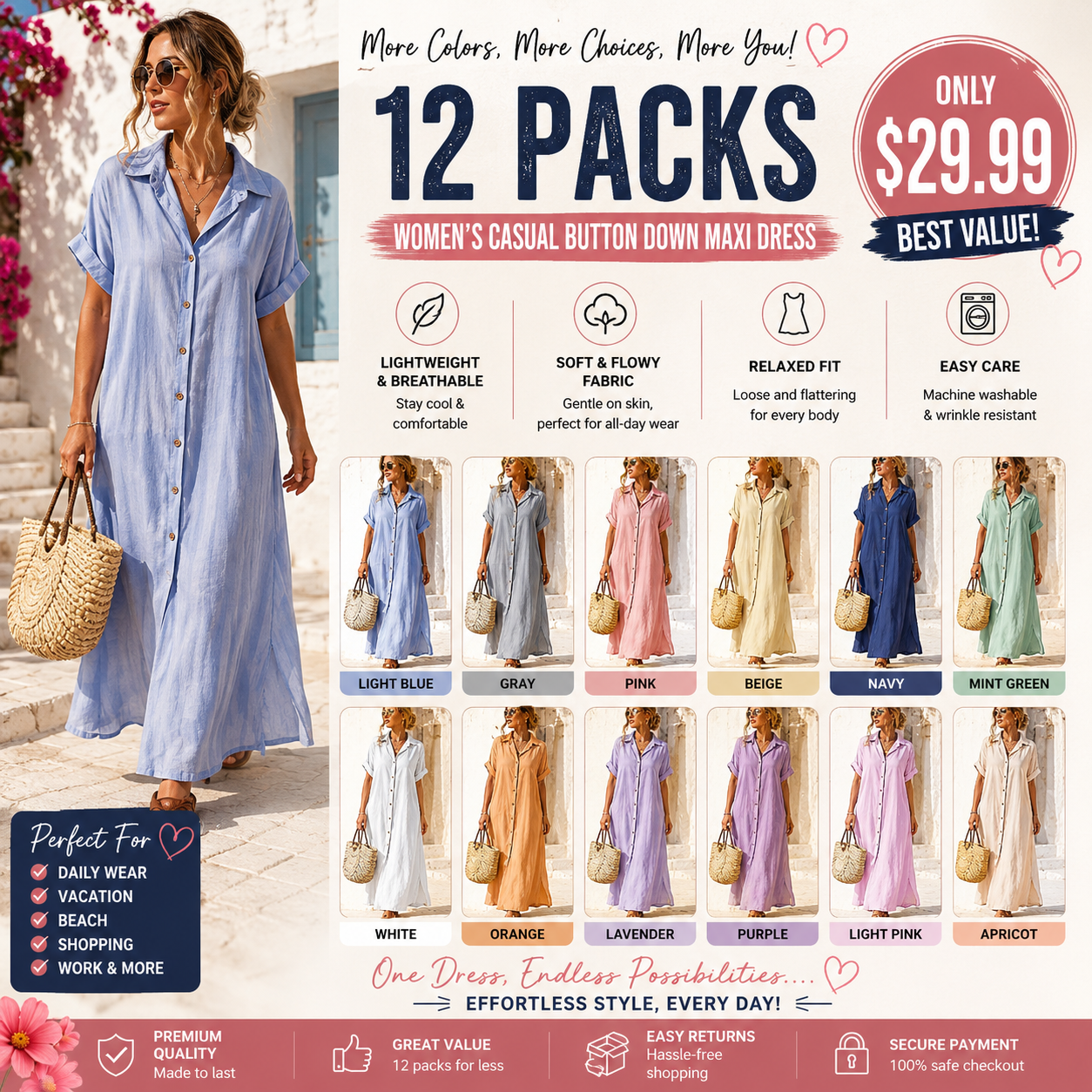 Women's Boho Striped Shirt Dress Button Up Side Slit Loose Mid Long Cotton Dress with Pockets