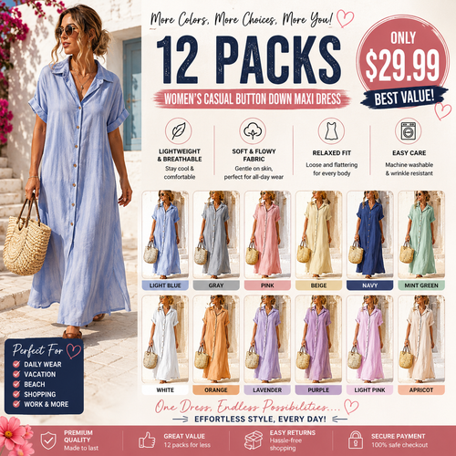 Women's Boho Striped Shirt Dress Button Up Side Slit Loose Mid Long Cotton Dress with Pockets