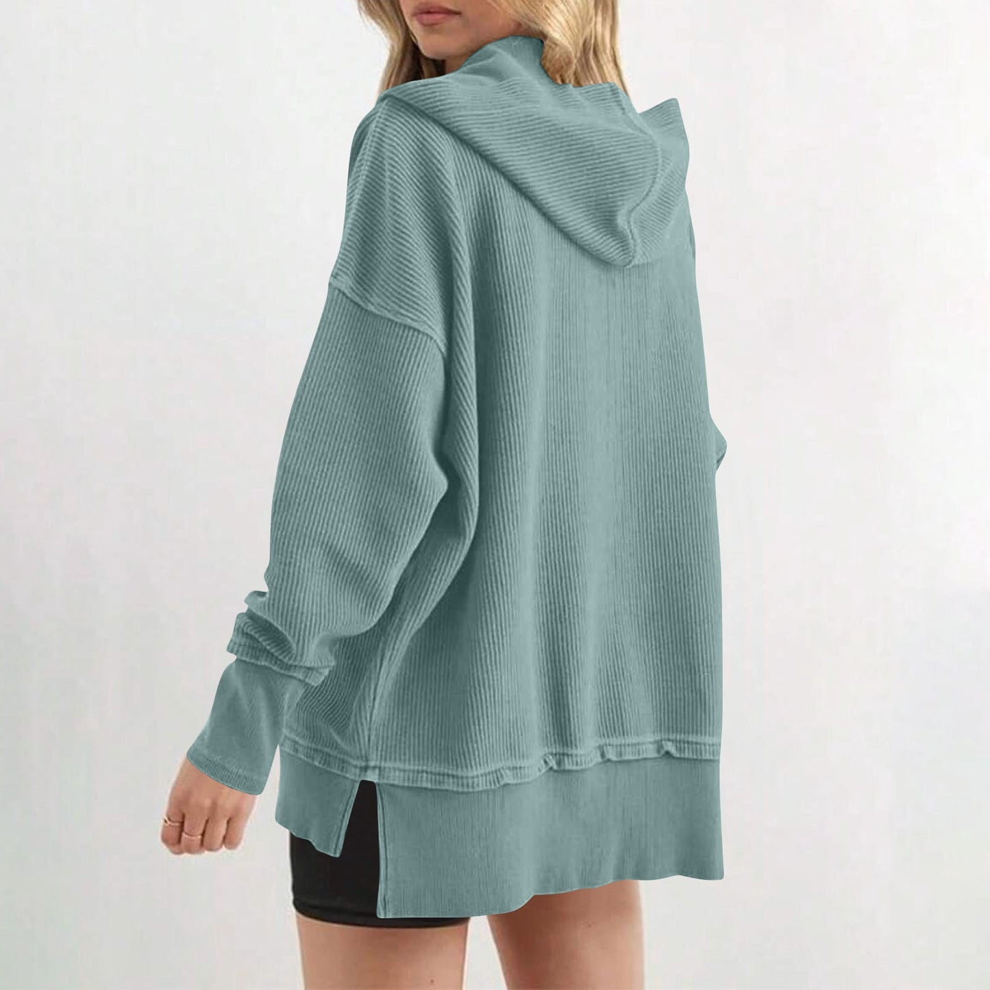 Womens Long Sleeve Tops Casual Ribbed Knit Half Button Hooded Pullover Sweatshirt Versatile Casual Wear