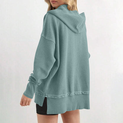 Womens Long Sleeve Tops Casual Ribbed Knit Half Button Hooded Pullover Sweatshirt Versatile Casual Wear