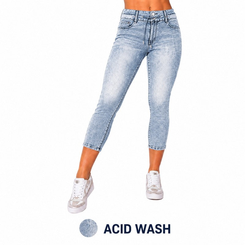 Wash Contrast Binding Double Button Drawstring Mid Waist High Stretch Fit Capri Jeans  Pant