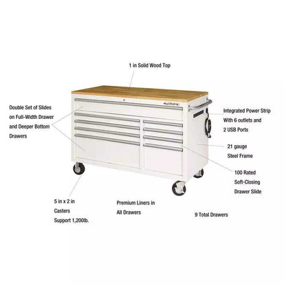 52 IN. 9-DRAWER MOBILE WORKBENCH IN GLOSS WHITE