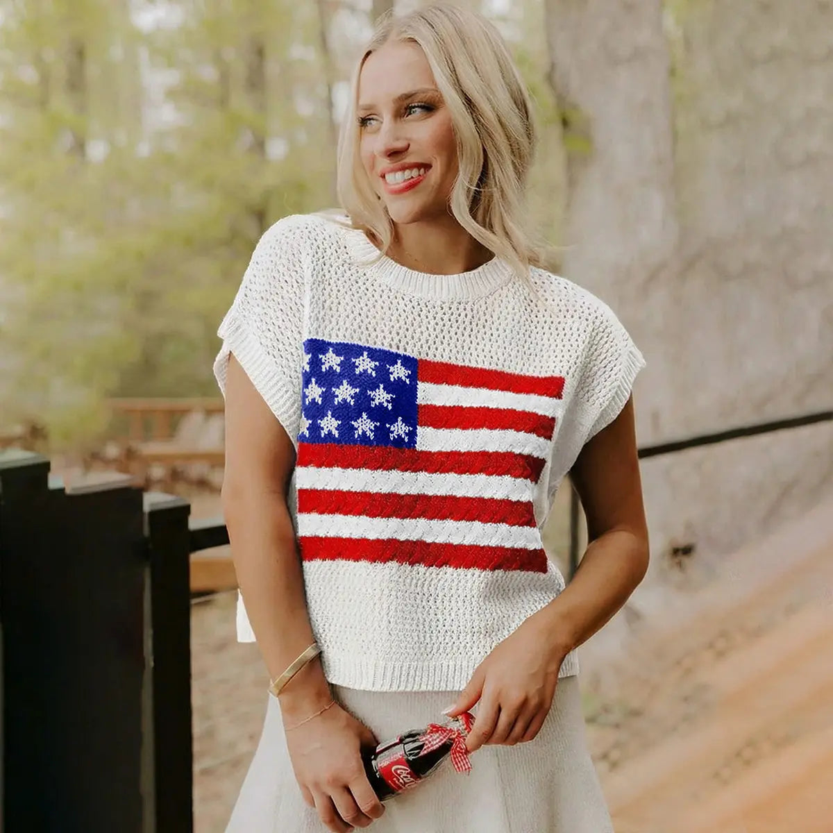 🔥4th of July Sale 🇺🇸 Women’s American Flag Graphic Knit Sweater Short Sleeve Casual Streetwear Top