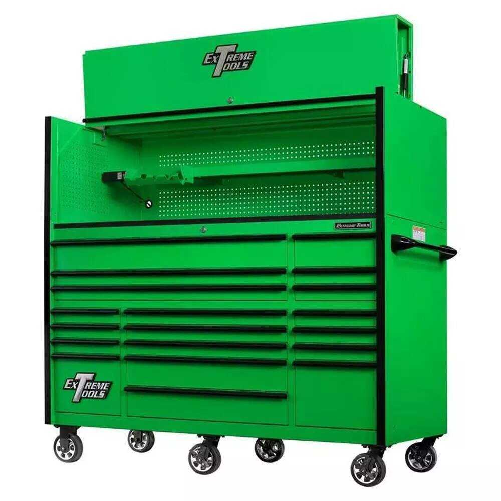EXTREME TOOLS RX SERIES 55" 12-DRAWER ROLLER WITH HUTCH - GREEN W/BLACK DRAWER PULLS
