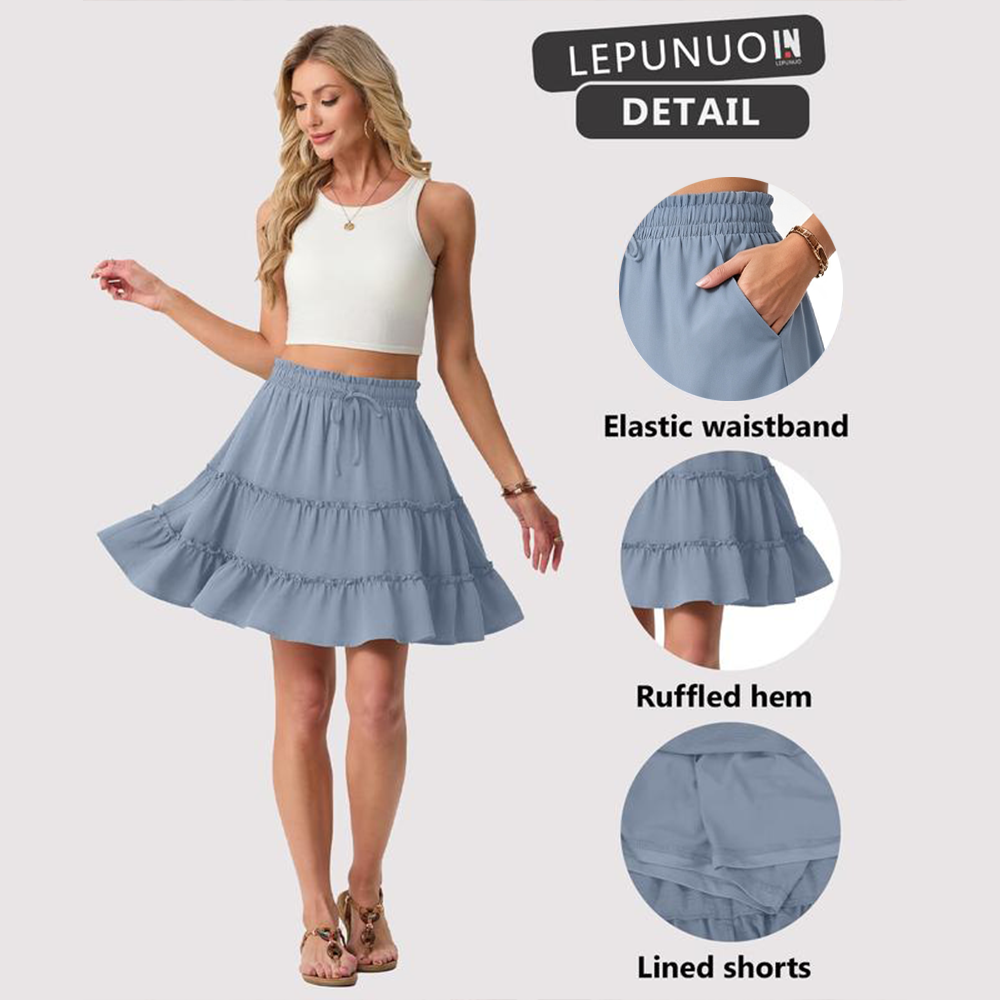 Boho Skirts for Women Flowy Casual Cute Skorts Built-in Shorts