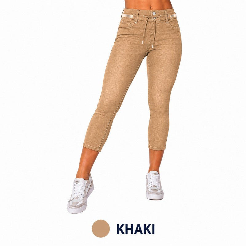 Wash Contrast Binding Double Button Drawstring Mid Waist High Stretch Fit Capri Jeans  Pant