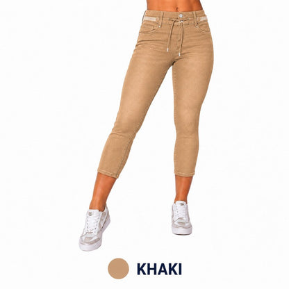 Wash Contrast Binding Double Button Drawstring Mid Waist High Stretch Fit Capri Jeans  Pant